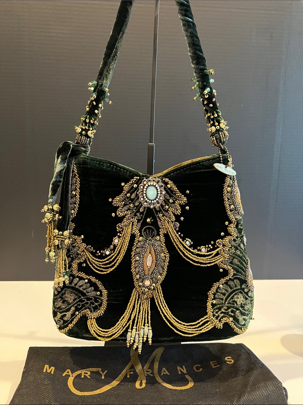 Mary Frances Dark Green Velvet Beaded Shoulder Bag with Gold Embellishment